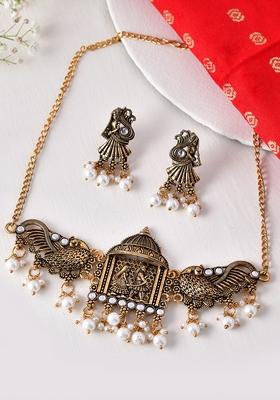 Antique Gold Plated Temple Necklace And Earring Set With Pearl Drops