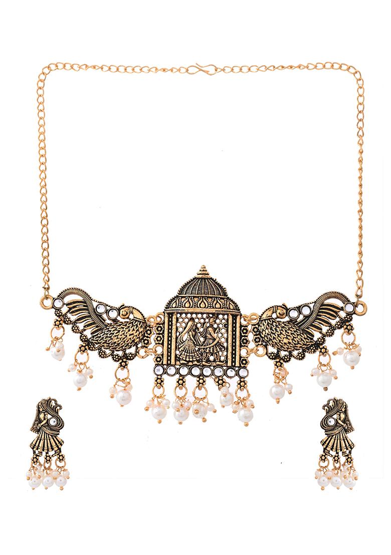 Antique Gold Plated Temple Necklace And Earring Set With Pearl Drops