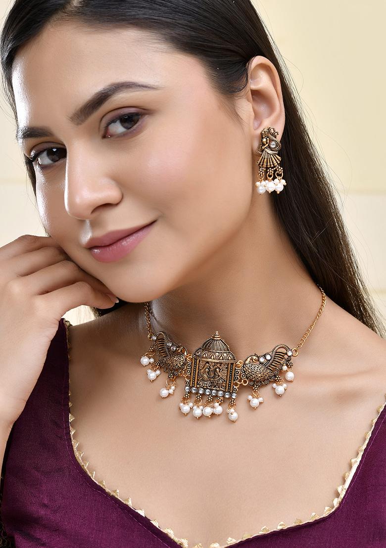 Antique Gold Plated Temple Necklace And Earring Set With Pearl Drops
