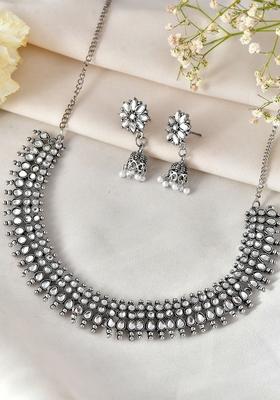Oxidized Silver Plated Mirror Work Necklace And Earring Set