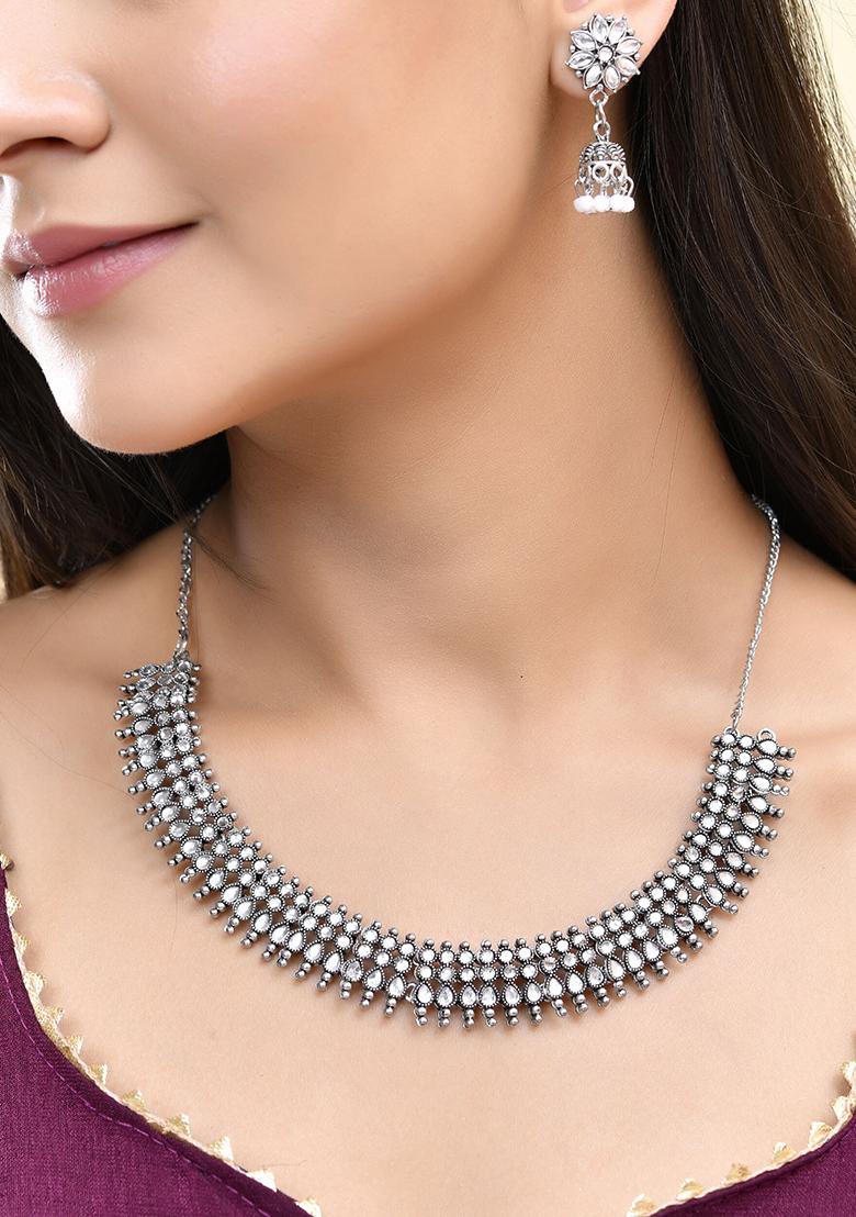 Oxidized Silver Plated Mirror Work Necklace And Earring Set