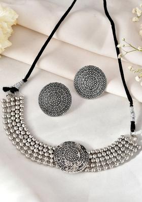 Oxidized Silver Dome Pendant Necklace And Earring Set