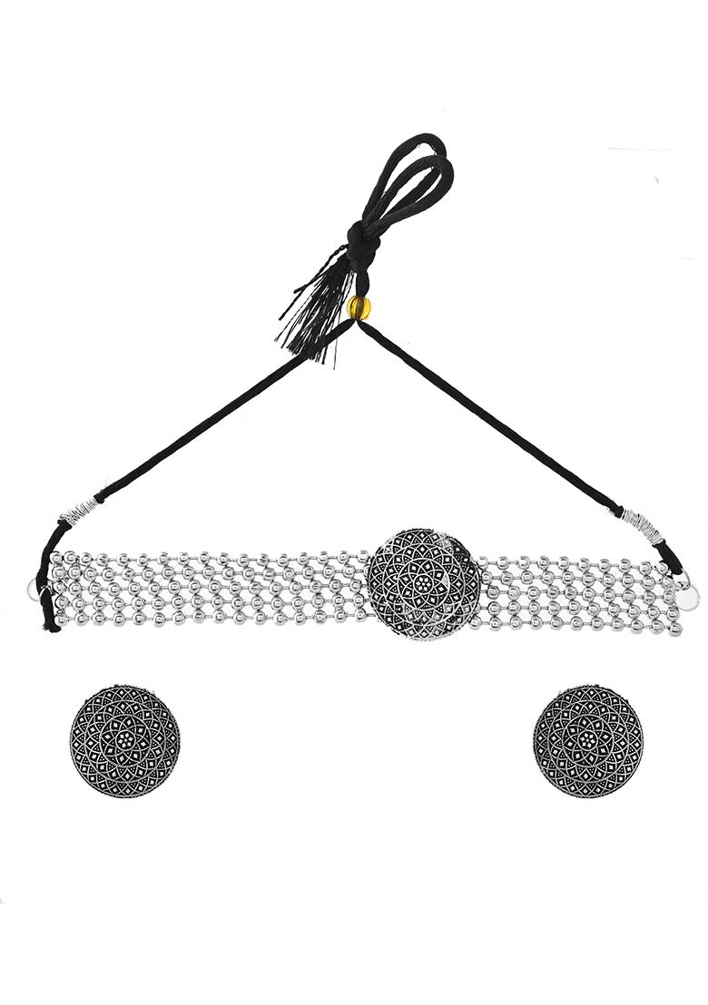 Oxidized Silver Dome Pendant Necklace And Earring Set