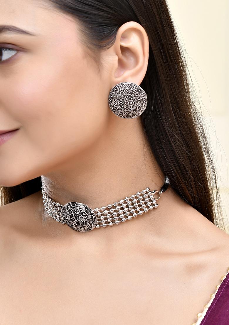 Oxidized Silver Dome Pendant Necklace And Earring Set