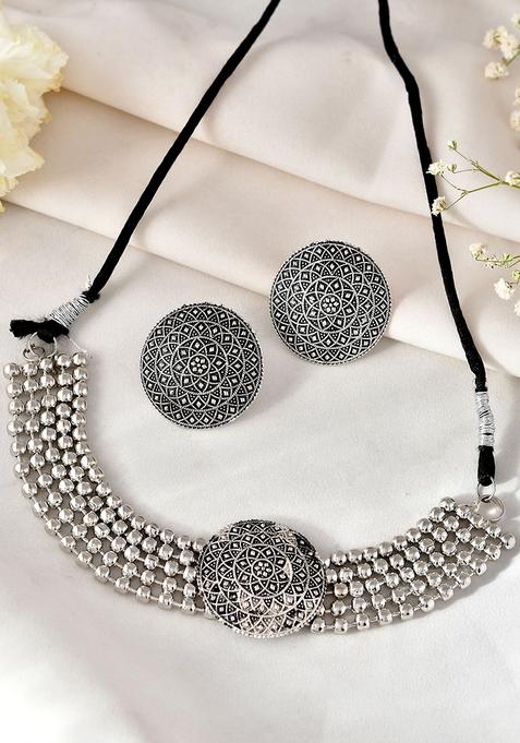 Oxidized Silver Dome Pendant Necklace And Earring Set