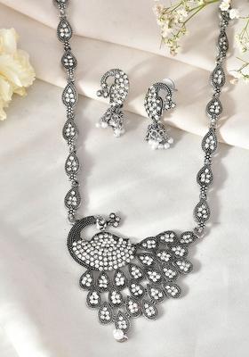 Antique Silver Peacock Necklace Set With Earrings
