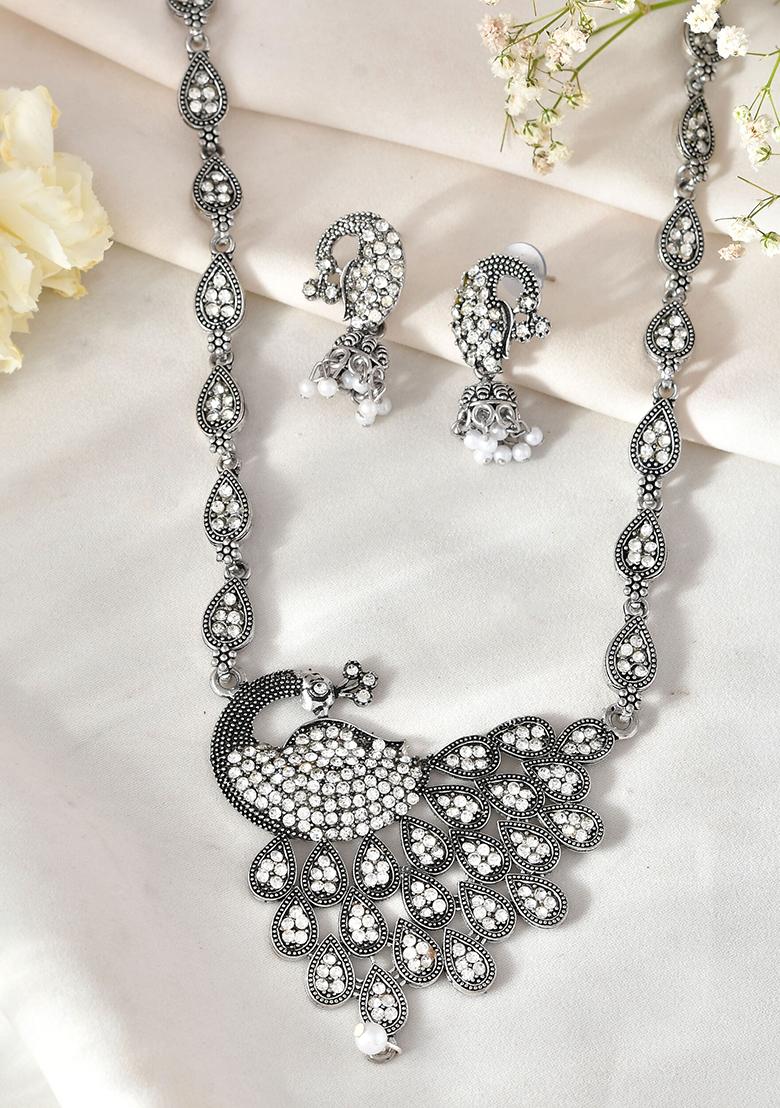 Antique Silver Peacock Necklace Set With Earrings