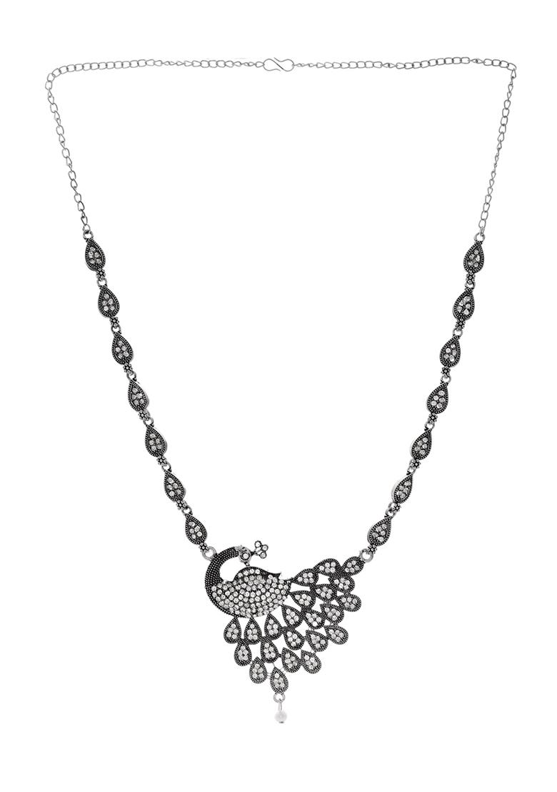 Antique Silver Peacock Necklace Set With Earrings