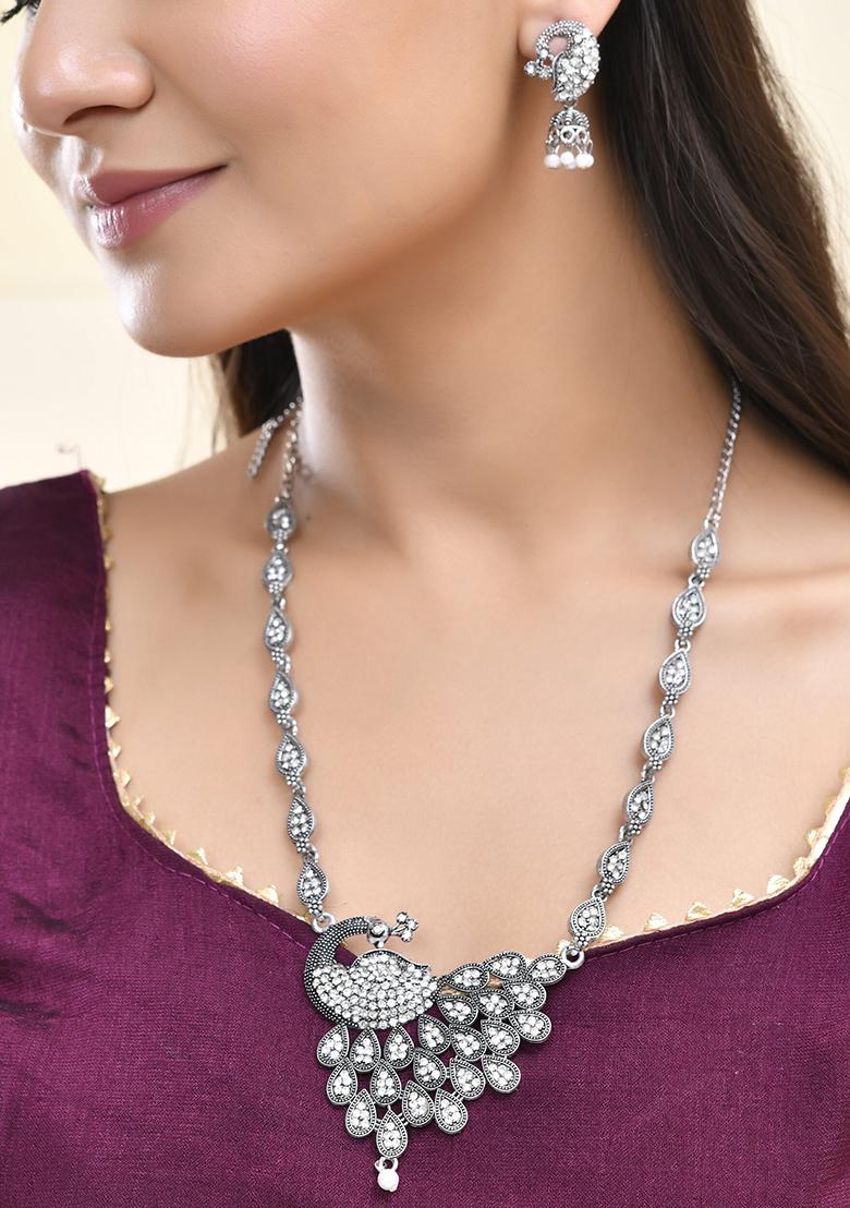 Antique Silver Peacock Necklace Set With Earrings