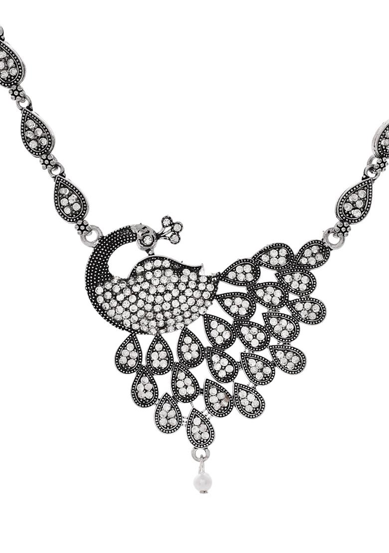 Antique Silver Peacock Necklace Set With Earrings