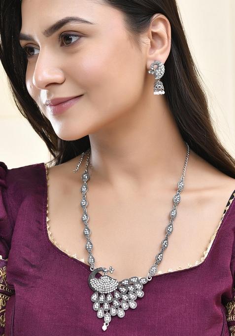 Antique Silver Peacock Necklace Set With Earrings