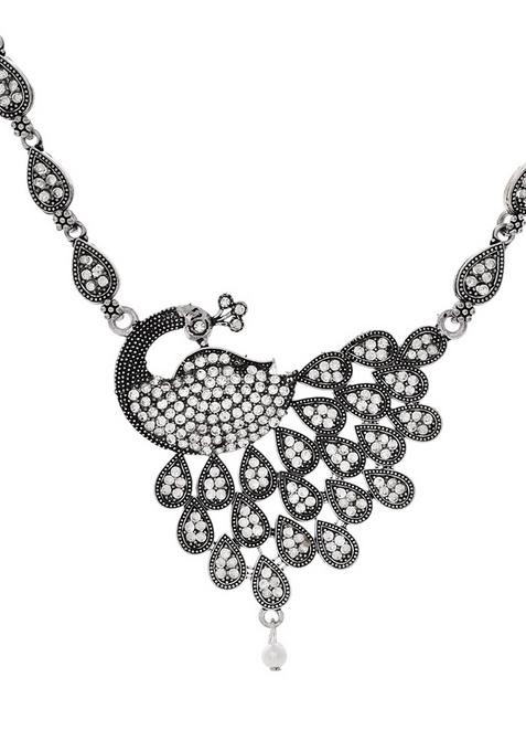 Antique Silver Peacock Necklace Set With Earrings
