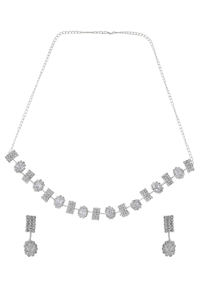 Elegant Silver Crystal Necklace Set With Earrings