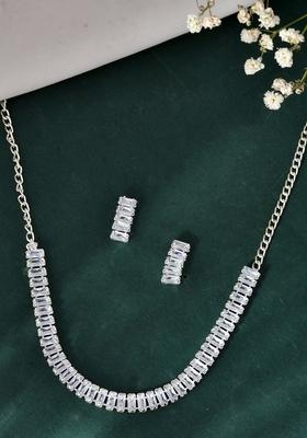 Classic Silver Baguette Cut Crystal Necklace Set With Earrings