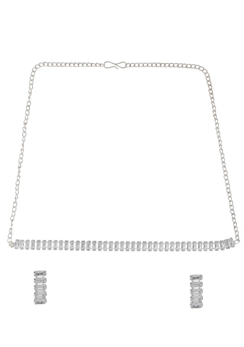 Classic Silver Baguette Cut Crystal Necklace Set With Earrings