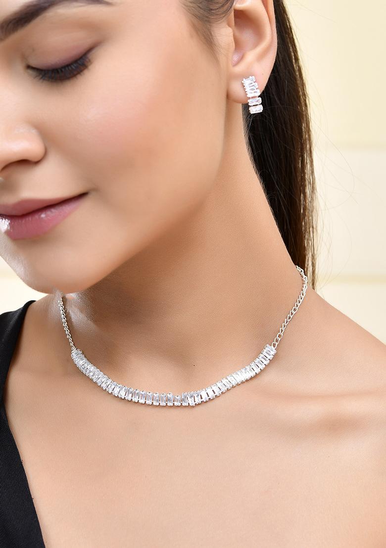 Classic Silver Baguette Cut Crystal Necklace Set With Earrings