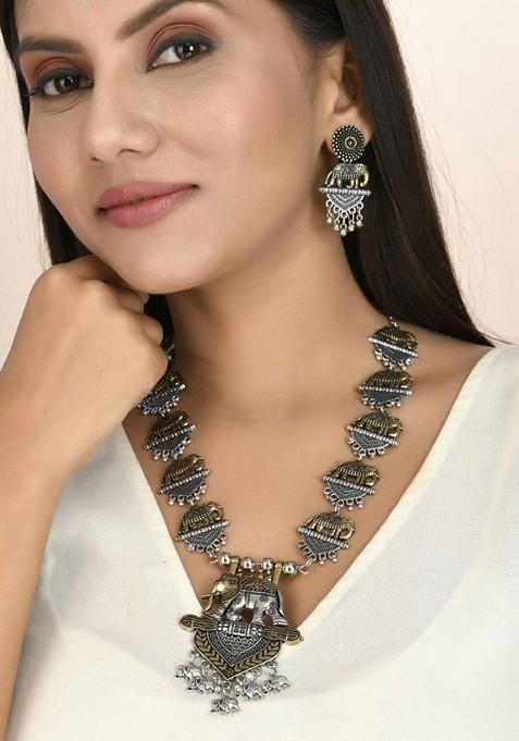 Silver Plated Oxidised Necklace Jewellery Set