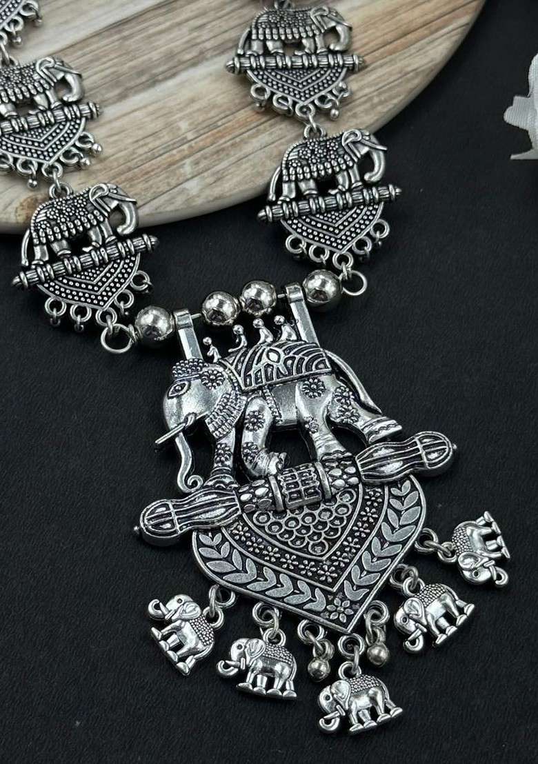 Silver Plated Oxidised Necklace Jewellery Set - Indya