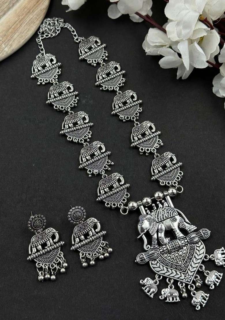 Silver Plated Oxidised Necklace Jewellery Set - Indya