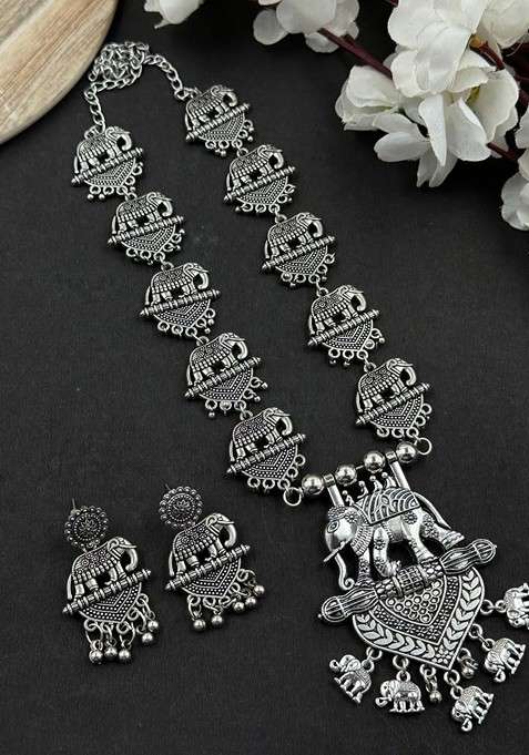 Silver Plated Oxidised Necklace Jewellery Set