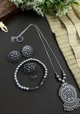 Mahek Silver Plated Oxidised Jewellery Set