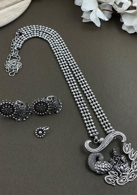 Silver Plated Oxidised 3 Line Chain Pendant Jewellery Set
