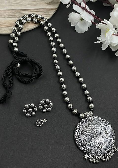 Evana Single Line Silver Plated Oxidised Necklace Jewellery Set