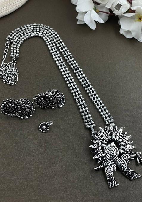 Silver Plated Oxidised 3 Line Chain Pendant Jewellery Set