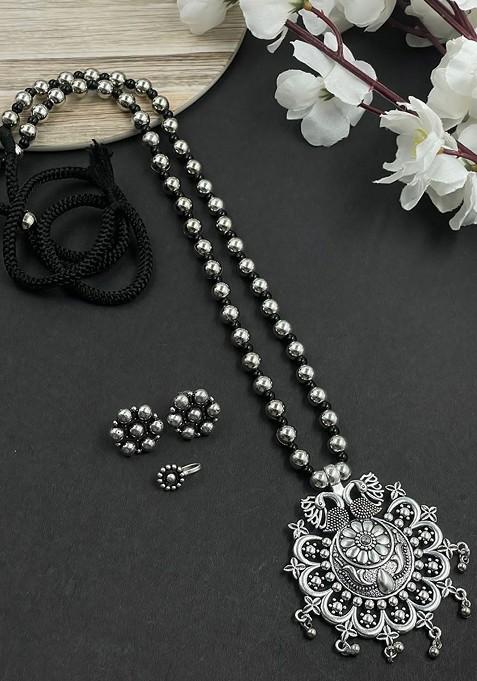 Evana Single Line Silver Plated Oxidised Necklace Jewellery Set