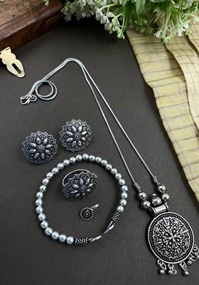 Mahira Silver Plated Oxidised Necklace Jewellery Set
