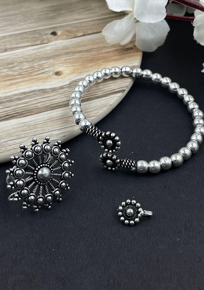 Silver Plated Oxidised Necklace Jewellery Set