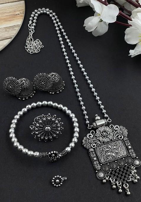 Silver Plated Oxidised Necklace Jewellery Set