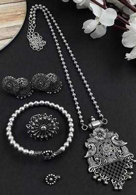Silver Plated Oxidised Chain Pendent Jewellery Set