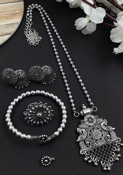 Silver Plated Oxidised Chain Pendent Jewellery Set