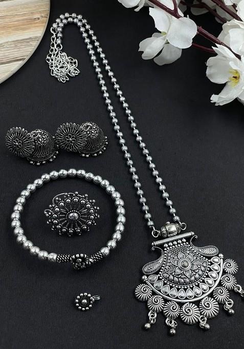 Silver Plated Oxidised Chain Pendant Jewellery Set