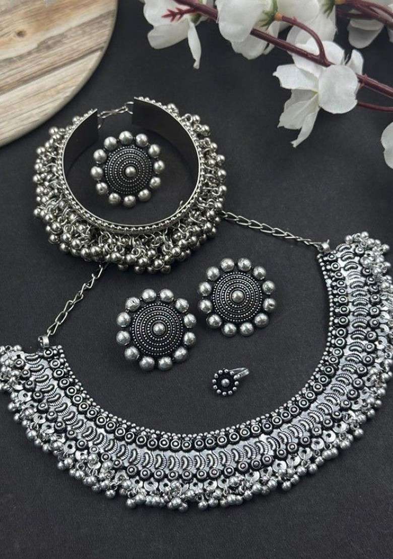 Silver Plated Oxidised Jewellery Set - Indya