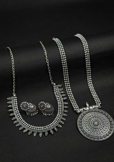 Silver Plated Oxidised Necklace Jewellery Set