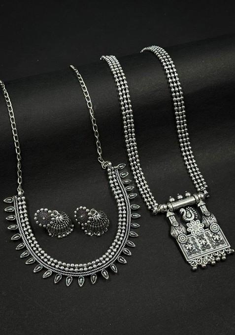 Silver Plated Oxidised Necklace Jewellery Set
