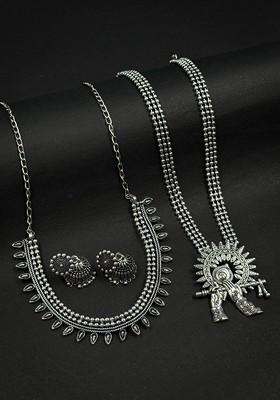 Silver Plated Oxidised Necklace Jewellery Set