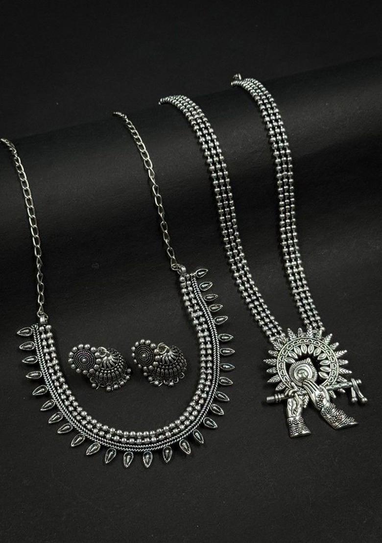 Silver Plated Oxidised Necklace Jewellery Set
