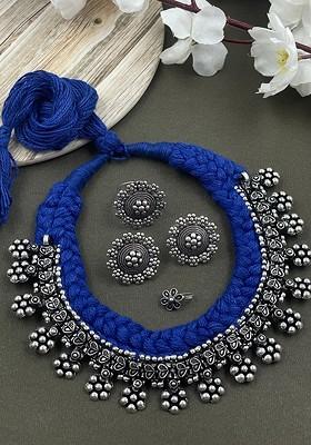 Shilpi Threaded Silver Plated Oxidised Necklace Jewellery Set
