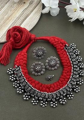 Shilpi Threaded Silver Plated Oxidised Necklace Jewellery Set