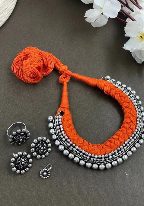 Thread Double Dot Silver Plated Oxidised Jewellery Set