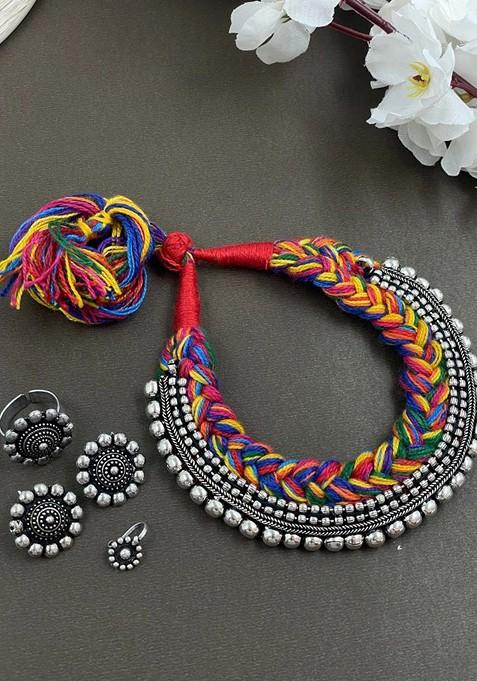 Threaded Double Dot Silver Plated Oxidised Necklace Jewellery Set