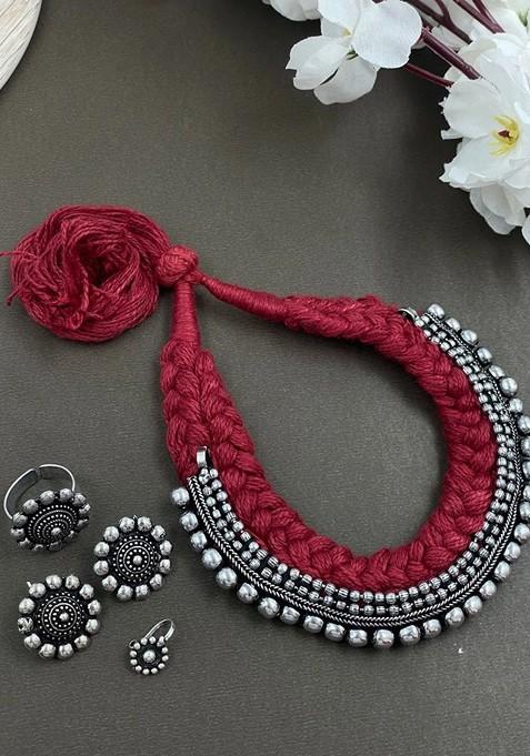 Thread Double Dot Silver Plated Oxidised Jewellery Set