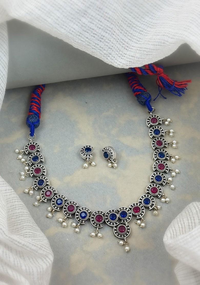 Silver Plated Stone Studded And Beaded Oxidised Jewellery Set