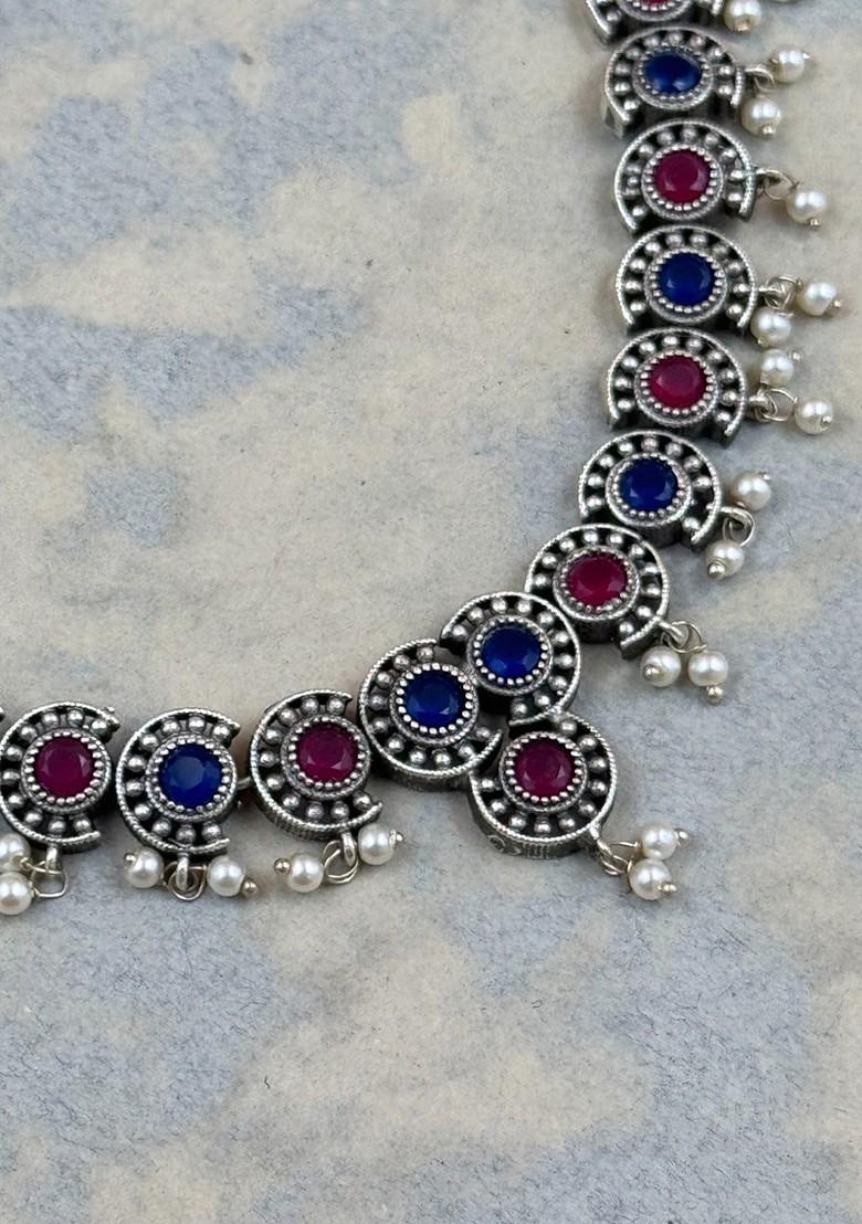 Silver Plated Stone Studded And Beaded Oxidised Jewellery Set