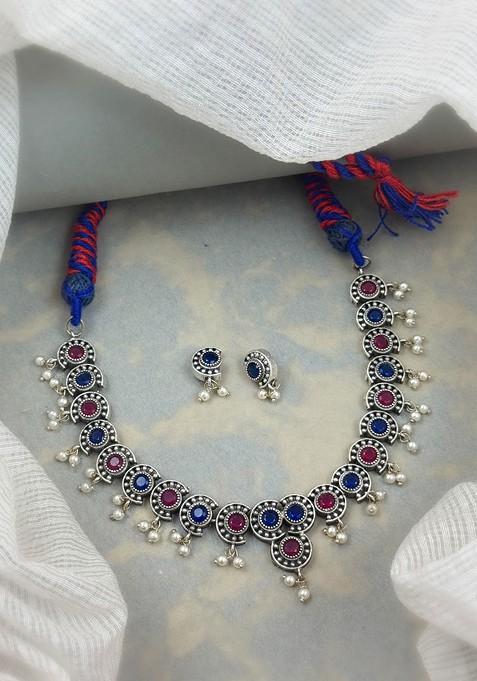 Silver Plated Stone Studded And Beaded Oxidised Jewellery Set