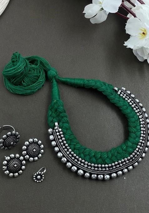 Thread Double Dot Silver Plated Oxidised Jewellery Set