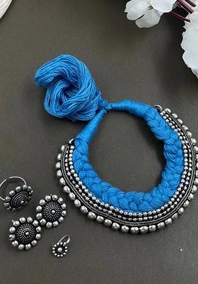 Threaded Double Dot Silver Plated Oxidised Necklace Jewellery Set